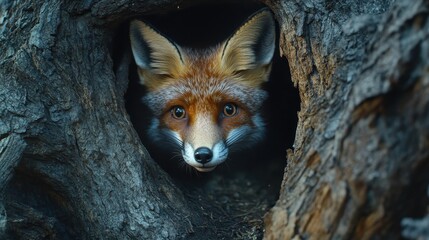 Fototapeta premium Red fox peering from a tree hollow, intense gaze. Perfect for wildlife, nature, or mystery themes; evokes curiosity and alertness.