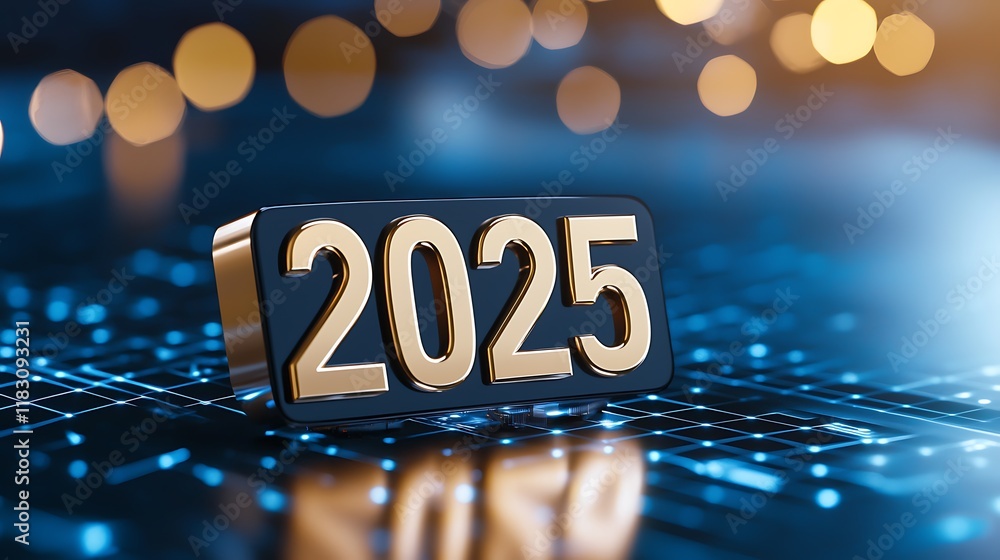 Poster metallic gold number 2025 text floating and glowing in a futuristic digital backdrop with a luminous