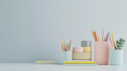 Obraz premium Pastel stationery and supplies on a desk against a light blue wall.