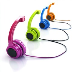 Naklejka premium Four colorful headsets in a row on white background.