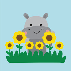 Playful Hippos with Sunflowers Illustration