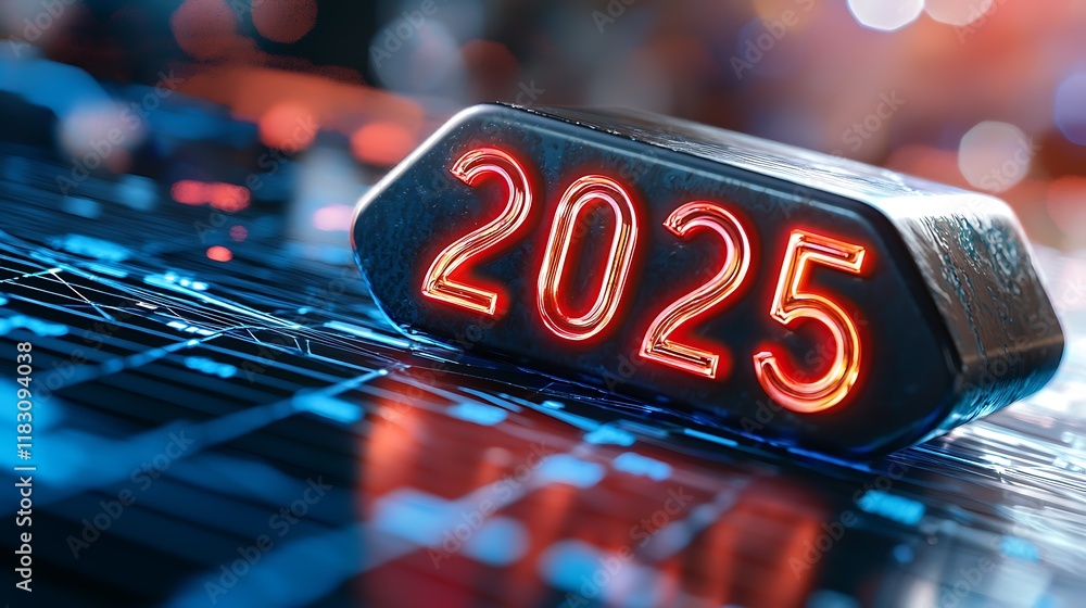 Poster metallic neon 2025 text displayed in a futuristic digitally rendered blue grid background with a tec