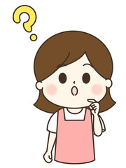 はてなと疑問を持つエプロンの女性のゆるかわイラスト