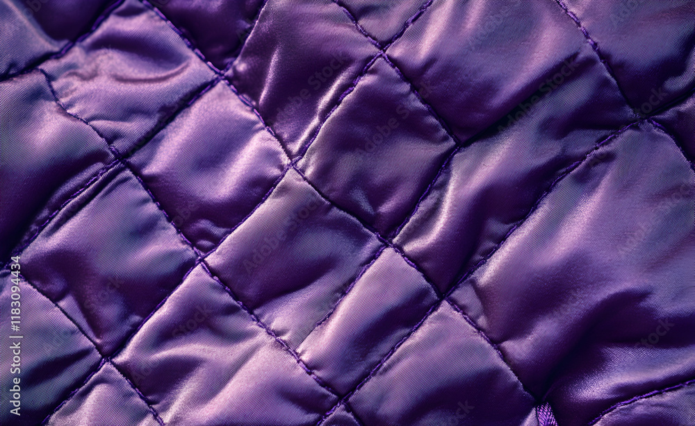 Poster close-up of shiny quilted fabric with rich purple and intricate stitching pattern on display
