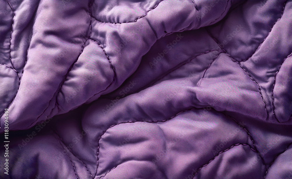 Poster textured purple fabric with quilted patterns and intricate stitching details in abstract display