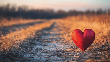 Fototapeta premium Romantic red heart shaped symbol placed on a serene countryside path surrounded by golden autumn grass and trees at sunset Warm glowing light creates a tranquil peaceful and serene atmosphere
