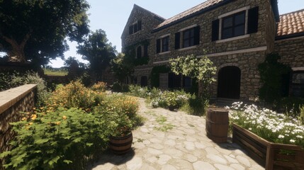 Stone House Courtyard Garden Sunny Day Flowers Plants