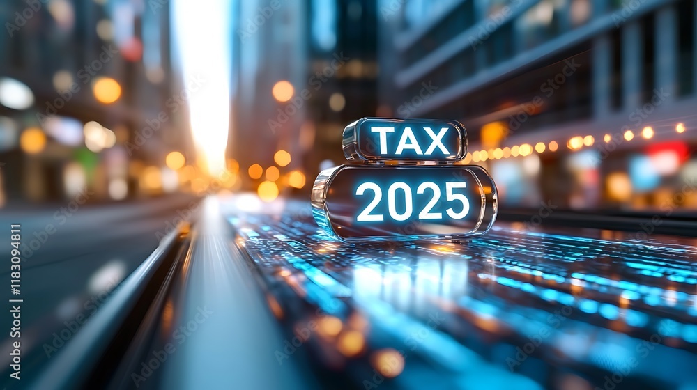 Poster futuristic glowing digital pathways with metallic tax 2025 concept abstract dynamic modern design te