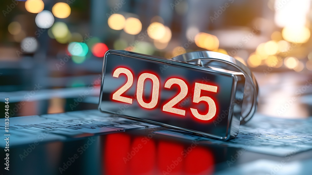 Poster shimmering metallic 2025 number surrounded by an abstract background of glowing lights luminous boke