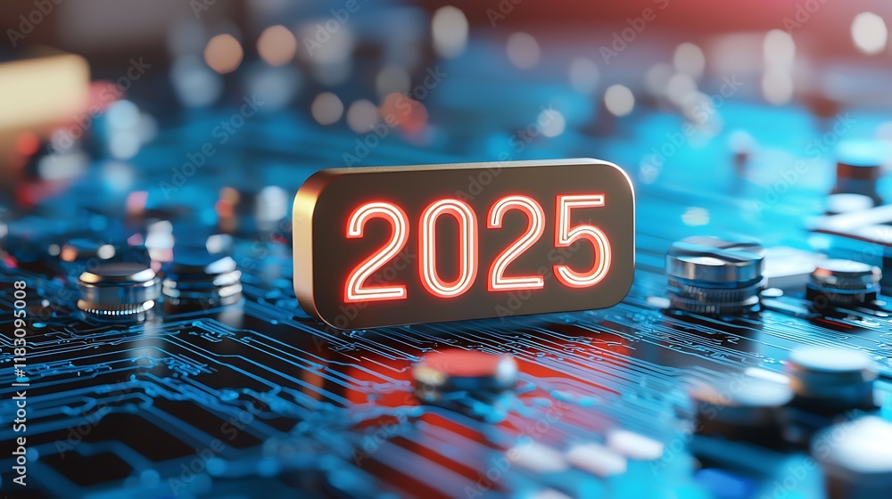 Poster metallic 2025 floating in a bold digital network futuristic finance concept with intelligence data c