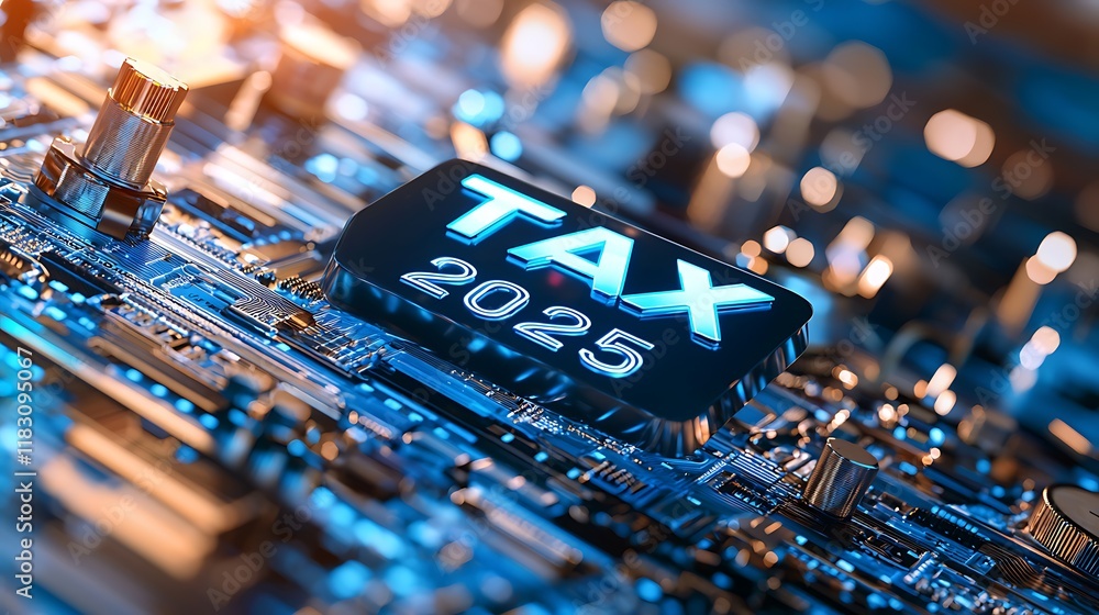 Poster glowing metallic pathways and circuits framing the text tax 2025 on an abstract futuristic looking c
