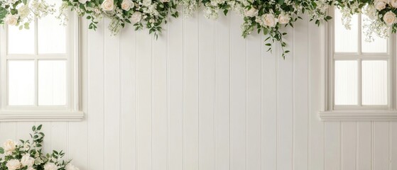 A serene backdrop featuring a white wall adorned with floral arrangements and windows, perfect for events or photo shoots.