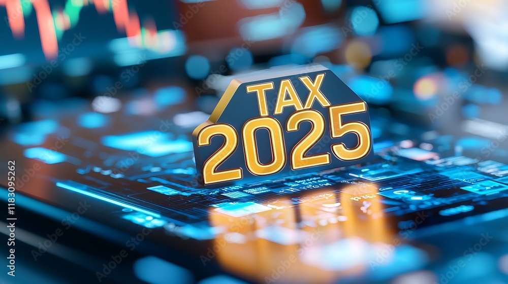Poster futuristic tax 2025 text integrated into glowing futuristic digital background with data analytics f