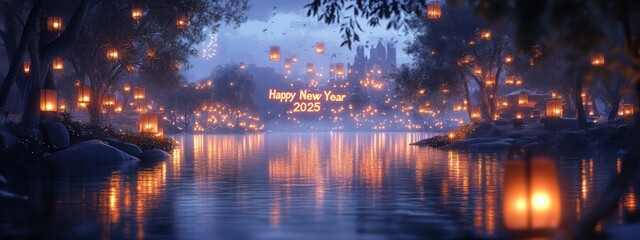 Magical New Year s Eve River Scene with Glowing Lanterns 2025