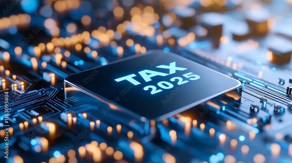 Poster metallic tax 2025 glowing in a luminous blue digital network futuristic 3d render of a metallic tax 