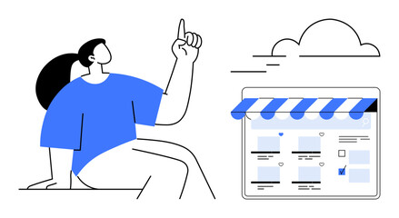 Woman with raised finger sits beside a tablet displaying an online storefront beneath a cloud. Ideal for e-commerce, digital marketing, cloud computing, innovation, online shopping trends, business