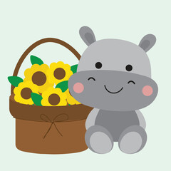 Playful Hippos with Sunflowers Illustration