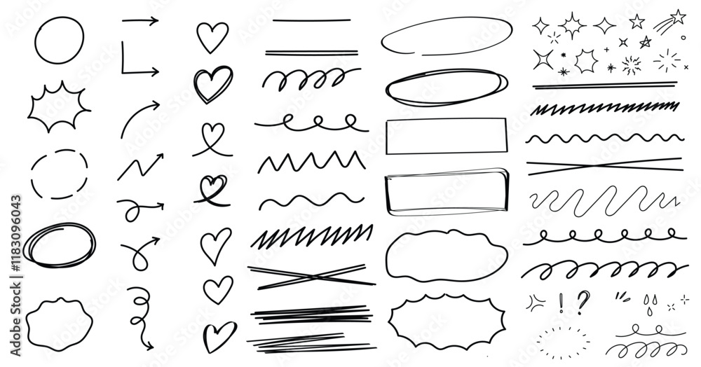 Fototapete set of scribble doodle underline emphasis line shape. design element in childish drawing style