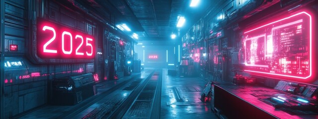 Futuristic 2025 Neon Cyberpunk Corridor Sci Fi Technology Glowing Lights Digital Screens