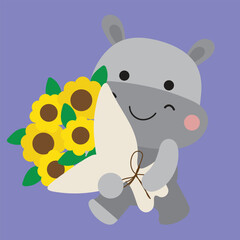 Playful Hippos with Sunflowers Illustration