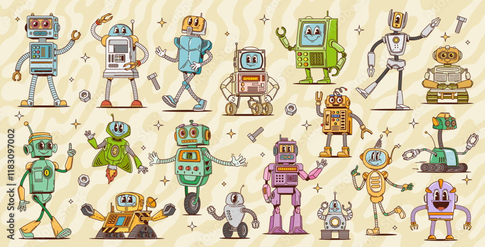 Leinwandbilder retro groovy robot characters, cartoon vintage cute bot toys, humanoid droids and ai cyborgs. vector
