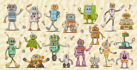 Retro groovy robot characters, cartoon vintage cute bot toys, humanoid droids and AI cyborgs. Vector psychedelic hippie personages of retro transformer robots and alien monsters, groovy tin machines