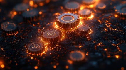 A close-up view of glowing gears on a dark surface, showcasing intricate details and a technological theme.