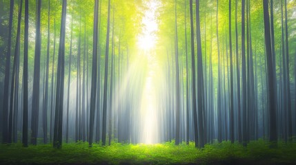 Naklejka premium Sunbeams Illuminate Serene Bamboo Forest Path