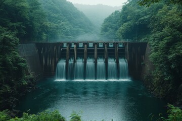 Serene Dam Waterfall in Lush Green Forest Landscape