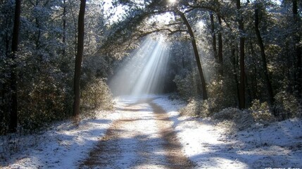 Obraz premium Sunbeams Illuminate Snowy Forest Path Winter Wonderland