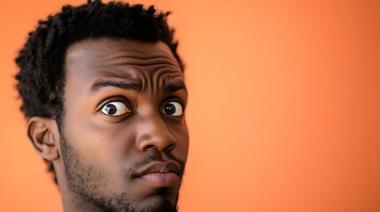 A man with a look of confusion, eyes searching for answers, set against a muted orange background