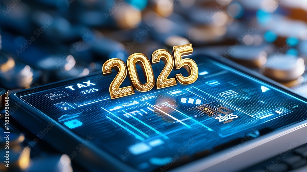Poster glowing 2025 text in shimmering gold displayed on a sleek futuristic digital interface or dashboard 