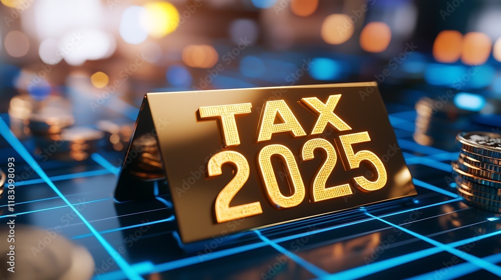 Aufkleber shimmering golden tax 2025 text centered in a vibrant and colorful background representing the upcom