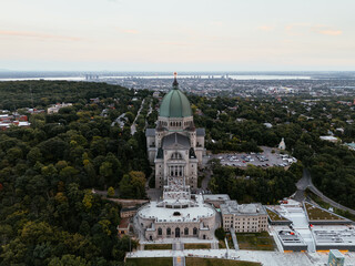 Aerial view of St. Josephs Oratory of Mount Royal at Sunset in winter. Montreal, Quebec, Canada