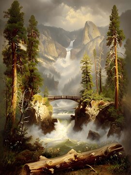 A dramatic mountain scene showcasing a cascading waterfall in the distance, framed by towering cliffs and rugged pines. 