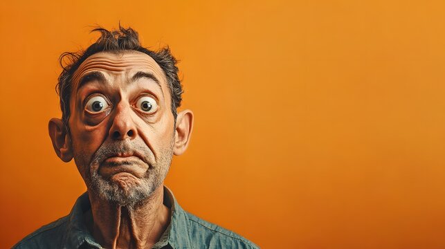 A man with a look of confusion, eyes searching for answers, set against a muted orange background
