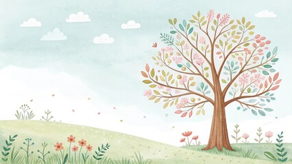 tree and sunny sky cute watercolor art illustration background