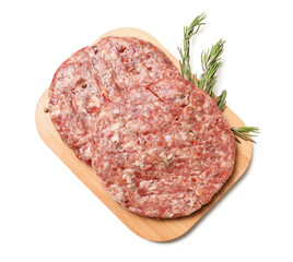 Wooden tray with raw meat cutlets isolated on white background