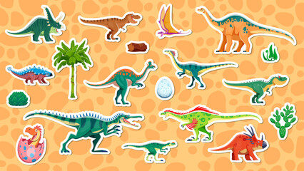Prehistoric dinosaur stickers of Jurassic lizards and dino characters, cartoon vector. Kids funny cute dinosaur stickers of T Rex tyrannosaurus, raphus bird in egg with lambeosaurus and styracosaurus © Vector Tradition