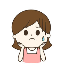 困って冷や汗をかいているエプロンの女性のゆるかわイラスト
