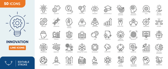 Innovation line editable icon set. Containing creativity, invention, prototype, Design Thinking, Brainstorm, visionary, idea generation, revolution and more. Vector illustration