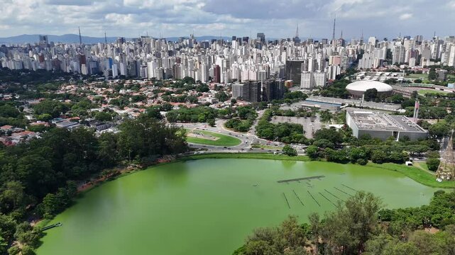 Aerial video above Parque Ibirapuera Sao Paulo on a sunny day