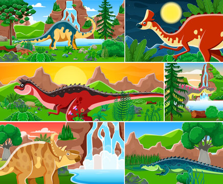 Cartoon dinosaur and reptile animals characters collage in prehistoric jungle forest with waterfall. Funny jurassic dino and crocodile vector personages of carnotaurus, sarcosuchus and tarbosaurus