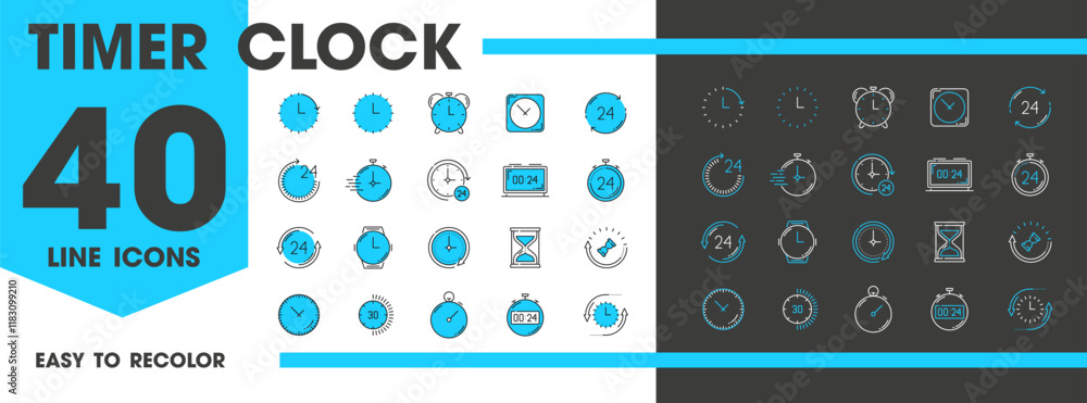 Poster Timer clock line icons. Alarm, stopwatch, calendar timer. Vector linear signs set, countdown function, time management, deadline symbols for app, website, digital interface, guiding user interactions