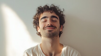 Obraz premium A man with a smile of contentment, eyes slightly closed, against a soft white backdrop