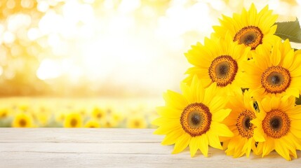 Obraz premium Sunflowers Bouquet on Rustic Wooden Table Summer Background