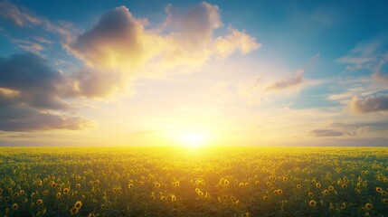 Obraz premium Sunflowers Field at Golden Sunset Landscape