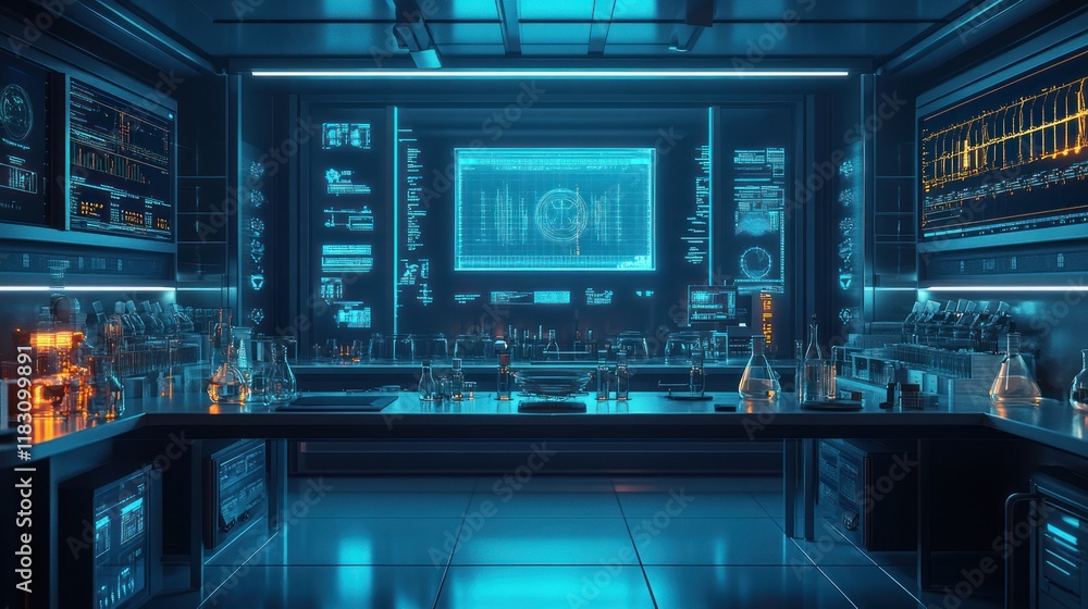 Poster futuristic science lab interior with high-tech equipment and monitors displaying data.