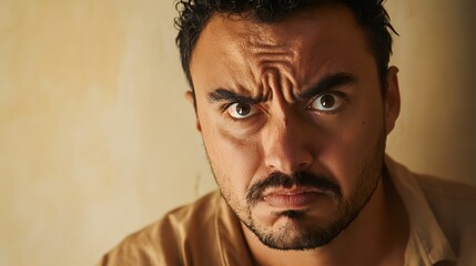 Fototapeta premium A man with a look of confusion, furrowed brow, eyes darting back and forth, against a light tan backdrop