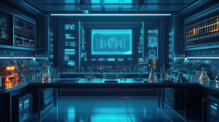 Obraz premium Futuristic science lab interior with high-tech equipment and monitors displaying data.